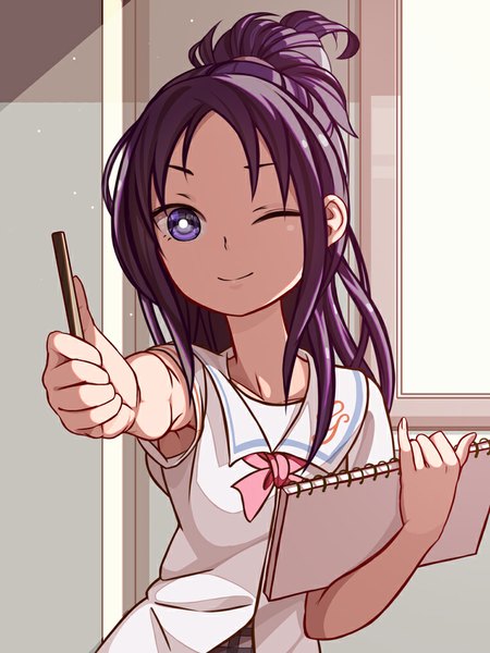 Anime picture 750x1000 with precure futari wa pretty cure splash star toei animation mishou mai motoki (hisano motoki) single long hair tall image looking at viewer smile purple eyes purple hair one eye closed wink drawing girl uniform school uniform window