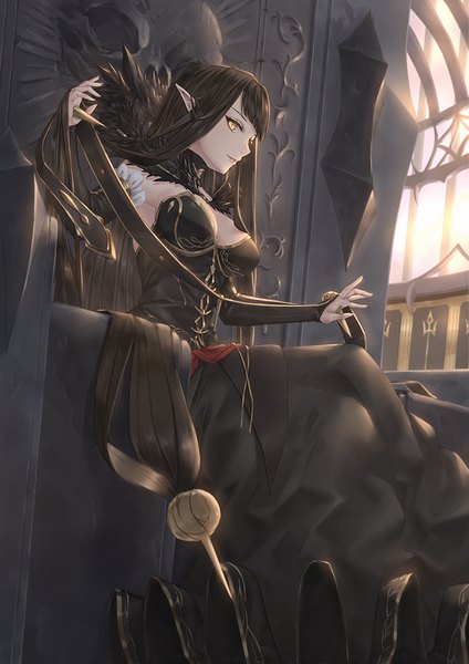 Anime picture 842x1191 with fate (series) fate/apocrypha semiramis (fate) whitem (whiteemperor2020) single tall image looking at viewer fringe breasts black hair smile sitting yellow eyes blunt bangs very long hair parted lips pointy ears sunlight fur trim girl