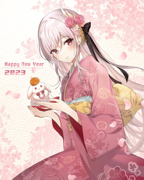 Anime picture 1440x1800 with original youta single long hair tall image looking at viewer blush smile red eyes sitting holding silver hair traditional clothes japanese clothes new year happy new year 2023 seigaiha girl hair ornament