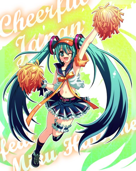 Anime picture 2800x3508 with vocaloid hatsune miku masurao bc (artist) single long hair tall image highres open mouth twintails one eye closed aqua eyes wink aqua hair midriff jumping cheerleader girl navel miniskirt