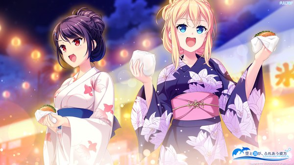 Anime picture 1920x1080 with sora to umi ga fureau kanata ogasawara chisa shirase emily yashima takahiro long hair highres open mouth blue eyes black hair blonde hair red eyes wide image multiple girls game cg traditional clothes japanese clothes copyright name alternate hairstyle animal print hair up