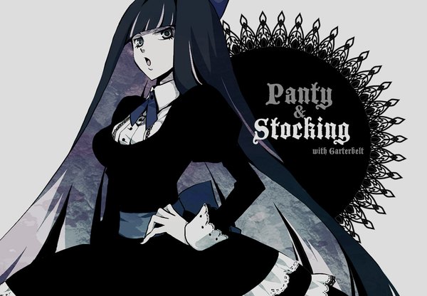 Anime picture 1100x763 with panty & stocking with garterbelt anarchy stocking minaki (pixiv) single long hair open mouth multicolored hair inscription colored inner hair gothic girl dress bow black dress