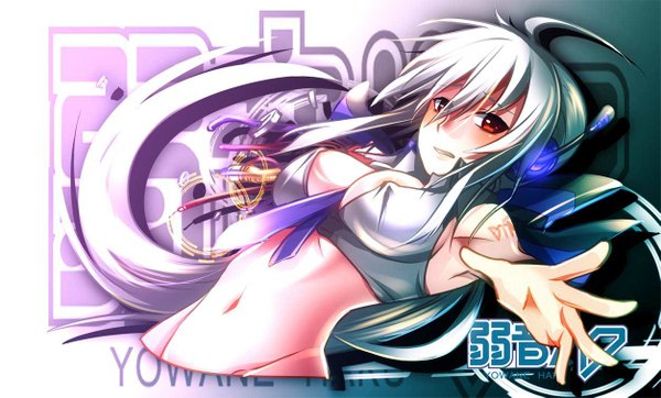 Anime picture 1253x757 with vocaloid yowane haku caffein single long hair blush breasts light erotic blonde hair red eyes wide image tattoo erect nipples covered nipples girl navel headphones microphone hand