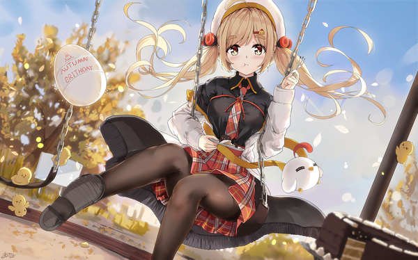 Anime picture 2039x1274 with original jina asahi kuroi single long hair looking at viewer blush fringe highres blonde hair wide image sitting twintails holding signed yellow eyes sky cloud (clouds) ahoge outdoors