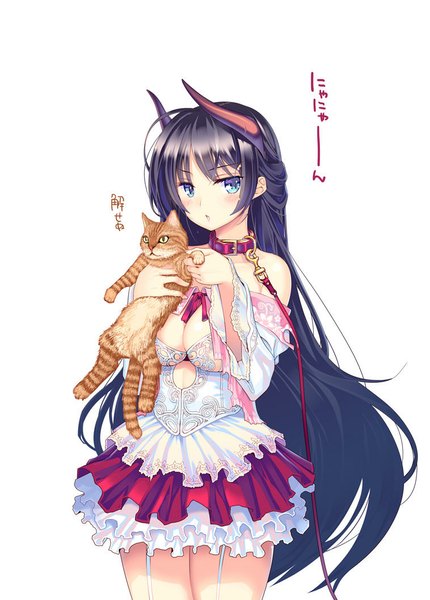 Anime picture 758x1058 with original coffee cat single long hair tall image looking at viewer blush blue eyes light erotic black hair simple background white background horn (horns) girl dress animal cat collar
