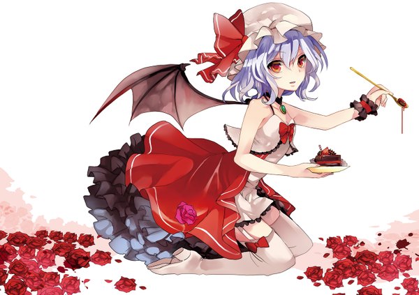 Anime picture 1437x1014 with touhou remilia scarlet musou yuchi single short hair red eyes blue hair girl thighhighs dress flower (flowers) petals white thighhighs wings sweets bonnet cake