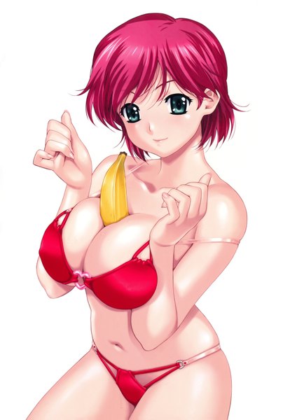 Anime picture 4914x6950 with resort boin iihara nao tall image highres short hair breasts blue eyes light erotic simple background large breasts white background pink hair absurdres between breasts breast hold girl navel swimsuit bikini fruit