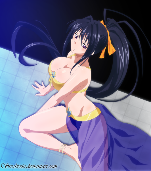 Anime picture 1777x2003 with highschool dxd himejima akeno strabixio single tall image blush highres breasts light erotic black hair smile large breasts purple eyes ponytail very long hair from above bare belly midriff coloring girl