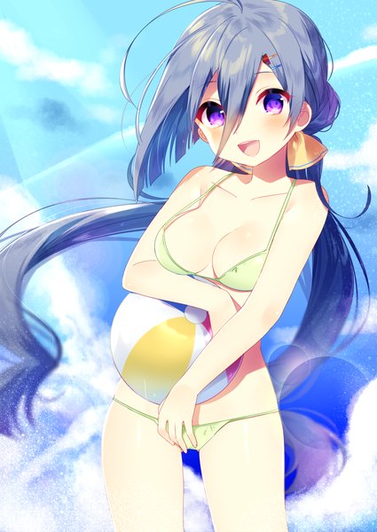 Anime picture 1002x1416 with kantai collection kiyoshimo destroyer mafuyu (chibi21) single long hair tall image looking at viewer blush fringe breasts open mouth light erotic hair between eyes large breasts standing purple eyes sky ahoge :d grey hair