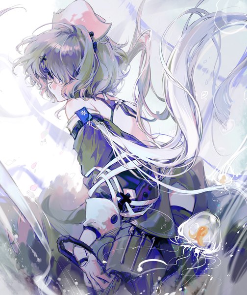 Anime picture 2480x2952 with arknights whisperain (arknights) zichuan single tall image looking at viewer fringe highres very long hair grey hair hair over one eye girl hair ornament detached sleeves headdress x hair ornament jellyfish