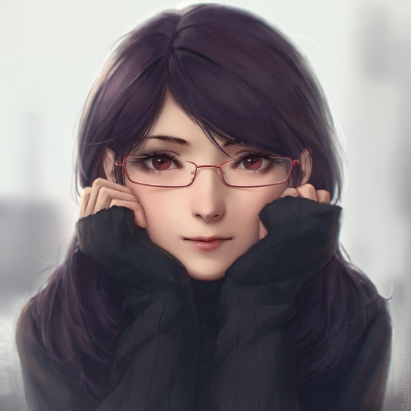Anime picture 1340x1340 with tokyo ghoul studio pierrot kamishiro rize miura-n315 single long hair looking at viewer blush fringe hair between eyes red eyes signed purple hair upper body lips realistic twitter username sleeves past wrists head rest hands on face
