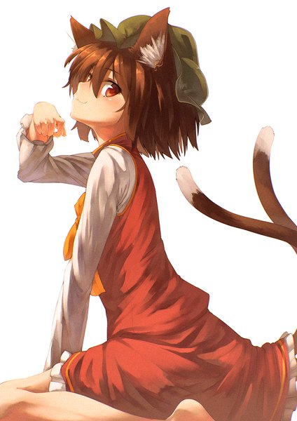 Anime picture 724x1024 with touhou chen ibuki notsu single tall image looking at viewer blush short hair simple background smile red eyes brown hair white background sitting animal ears tail animal tail barefoot cat ears bare legs