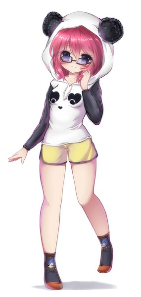 Anime picture 1037x2184 with original midna01 single tall image blush fringe short hair simple background smile white background purple eyes pink hair girl glasses shorts hood short shorts hoodie