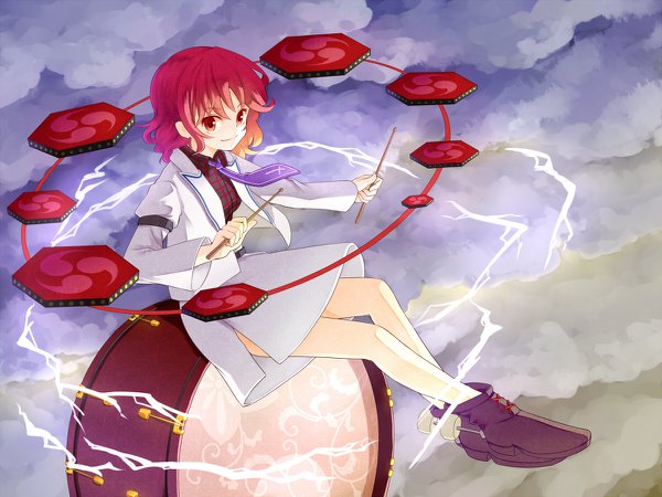 Anime picture 1200x900 with touhou horikawa raiko koyumi single short hair smile red eyes sitting cloud (clouds) full body red hair bare legs lightning mitsudomoe (shape) girl necktie shoes musical instrument ankle boots drum
