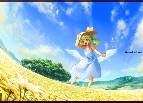 Anime picture 2000x1440 with touhou daiyousei sachito (artist) single looking at viewer highres short hair open mouth bare shoulders sky cloud (clouds) ponytail green hair wind side ponytail happy angel wings field girl dress