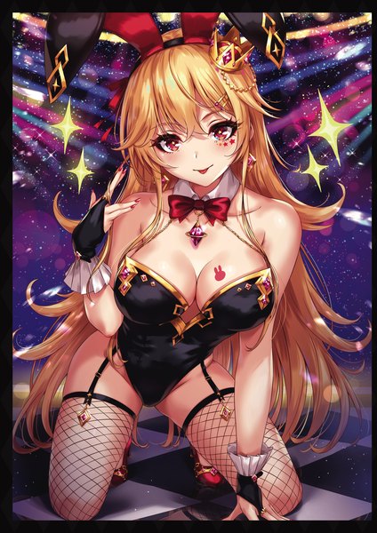 Anime picture 1357x1920 with original sakiyamama single long hair tall image looking at viewer blush fringe breasts light erotic blonde hair hair between eyes red eyes large breasts bare shoulders animal ears cleavage nail polish fingernails arm support