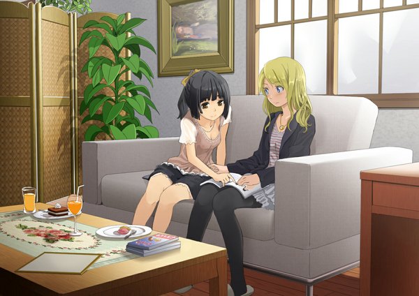 Anime picture 1183x837 with original yoropa long hair blue eyes black hair blonde hair sitting multiple girls brown eyes indoors girl dress 2 girls plant (plants) pantyhose window sweets black pantyhose couch table