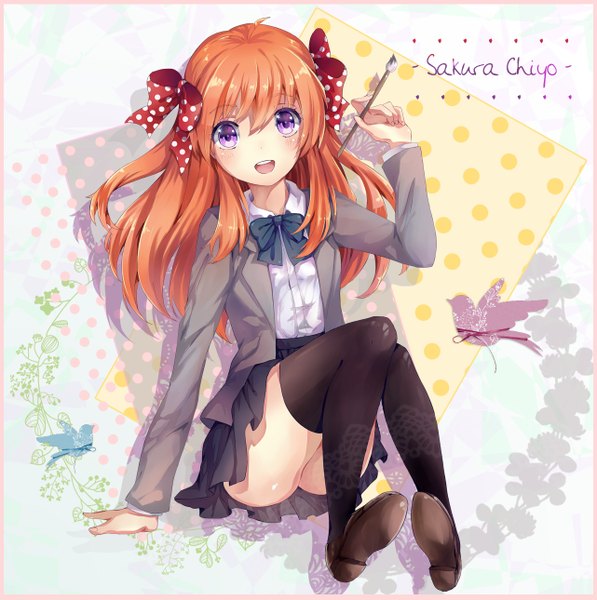 Anime picture 1282x1289 with gekkan shoujo nozaki-kun doga kobo sakura chiyo teka single long hair tall image looking at viewer blush fringe open mouth light erotic sitting purple eyes ahoge orange hair character names polka dot girl thighhighs