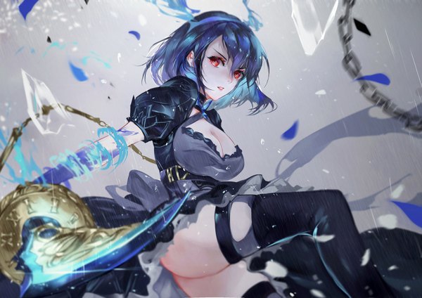 Anime picture 3111x2200 with sinoalice alice (sinoalice) vardan single looking at viewer fringe highres short hair breasts light erotic red eyes large breasts holding blue hair absurdres cleavage bent knee (knees) ass parted lips short sleeves