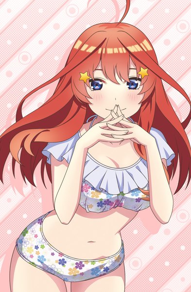 Anime-Bild 1282x1959 mit go-toubun no hanayome nakano itsuki single long hair tall image looking at viewer fringe breasts light erotic simple background standing ahoge arms up official art floral print red background third-party edit interlocked fingers detexted girl