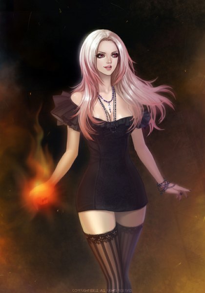 Anime picture 700x1000 with cyphers niobe (cyphers) eliz7 single long hair tall image smile red eyes standing bare shoulders looking away pink hair girl thighhighs dress black thighhighs bracelet black dress pendant striped thighhighs