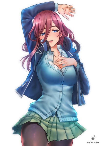 Anime picture 2480x3508 with go-toubun no hanayome nakano miku afba single long hair tall image looking at viewer blush fringe highres breasts open mouth blue eyes light erotic simple background hair between eyes large breasts standing signed pink hair