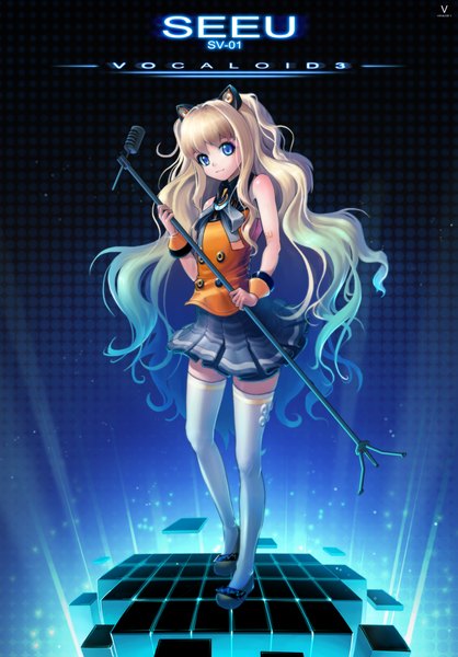 Anime picture 2790x4000 with vocaloid seeu rheez (artist) single long hair tall image highres blue eyes blonde hair animal ears girl thighhighs white thighhighs wrist cuffs microphone microphone stand