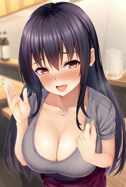 Anime picture 1064x1572 with original takocha single long hair tall image looking at viewer blush fringe breasts open mouth light erotic black hair smile hair between eyes large breasts brown eyes cleavage upper body indoors :d