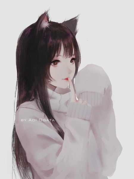 Anime picture 896x1195 with original hate-chan (aoi ogata) aoi ogata single long hair tall image black hair simple background signed animal ears looking away upper body black eyes grey background watermark finger to mouth sleeves past wrists licking finger licking girl