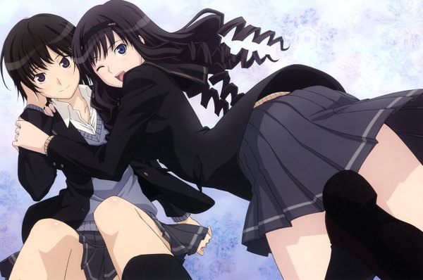 Anime picture 5562x3698 with amagami nanasaki ai morishima haruka yanagi shinsuke long hair highres short hair blue eyes black hair smile multiple girls absurdres one eye closed wink black eyes girl skirt 2 girls miniskirt serafuku