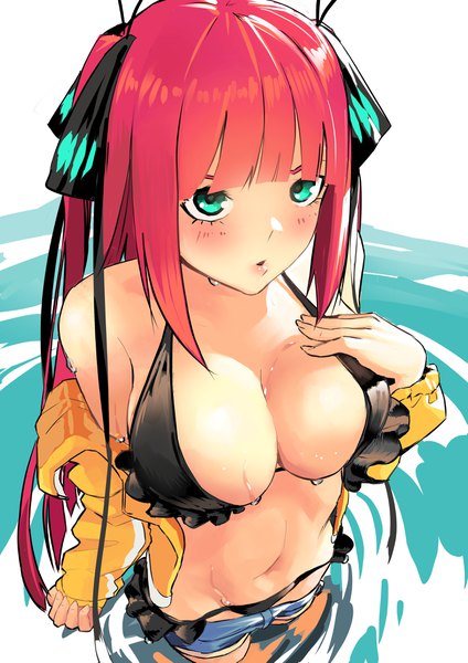 Anime picture 2894x4093 with go-toubun no hanayome toei animation nakano nino asiamaster single long hair tall image looking at viewer blush fringe highres breasts light erotic simple background large breasts standing bare shoulders payot cleavage red hair