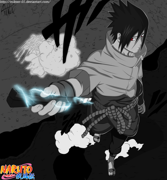 Anime picture 2000x2160 with naruto studio pierrot naruto (series) uchiha sasuke gold-mk single tall image highres short hair black hair red eyes from above inscription coloring magic monochrome electricity sharingan boy weapon