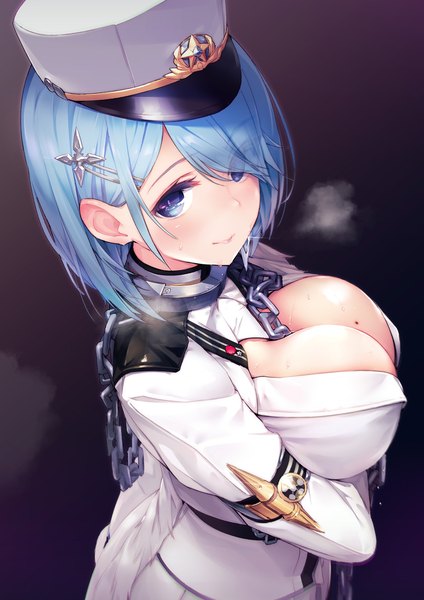 Anime picture 919x1300 with azur lane chapayev (azur lane) azumi akitake single tall image looking at viewer blush fringe short hair breasts blue eyes light erotic simple background large breasts blue hair cleavage long sleeves from above hair over one eye mole
