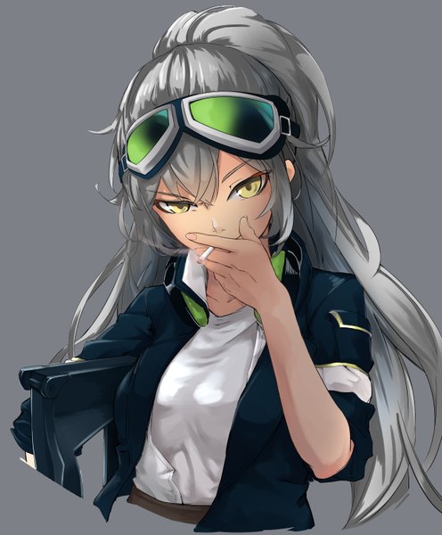 Anime picture 2480x3000 with girls frontline aek-999 (girls frontline) miki06 single long hair tall image looking at viewer fringe highres simple background hair between eyes yellow eyes upper body grey hair grey background smoke smoking goggles on head headphones around neck sleeves folded up