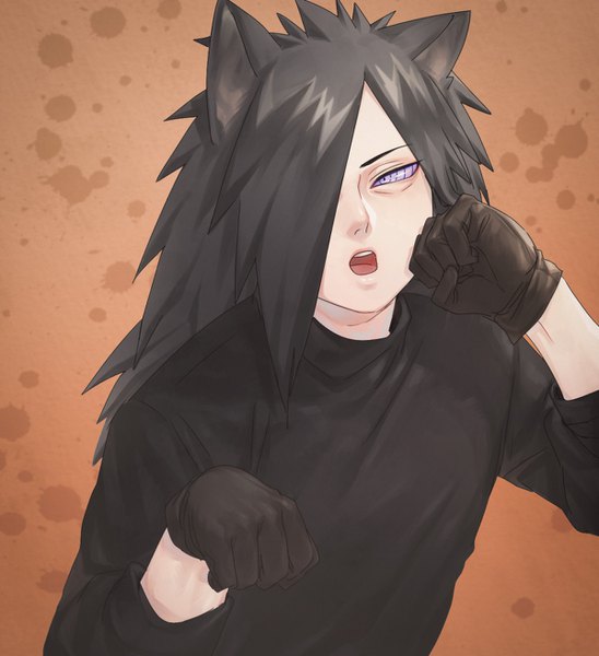 Anime picture 1200x1312 with naruto studio pierrot naruto (series) uchiha madara tagme (artist) qjqjqjql single long hair tall image fringe open mouth purple eyes hair over one eye paw pose rinnegan boy gloves black gloves turtleneck