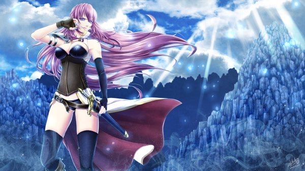 Anime picture 1366x768 with vocaloid megurine luka achikoako long hair looking at viewer breasts blue eyes light erotic wide image pink hair sky cloud (clouds) sunlight pantyshot sunbeam girl thighhighs gloves underwear panties