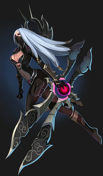 Anime picture 700x1191 with league of legends irelia (league of legends) tyutii single long hair tall image breasts light erotic red eyes large breasts looking away cleavage white hair scar girl navel weapon lingerie bra bodysuit
