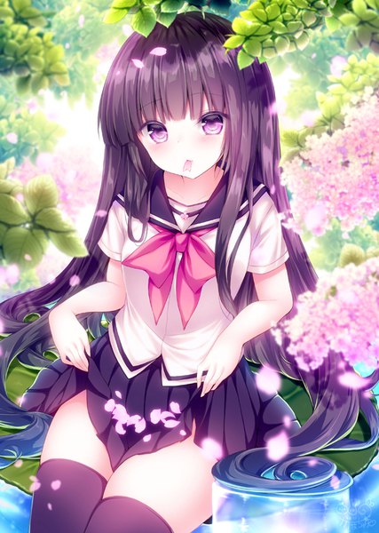 Anime picture 650x914 with original moe2019 kabocha usagi single tall image looking at viewer fringe light erotic black hair purple eyes holding blunt bangs very long hair mouth hold skirt hold girl thighhighs skirt uniform flower (flowers)