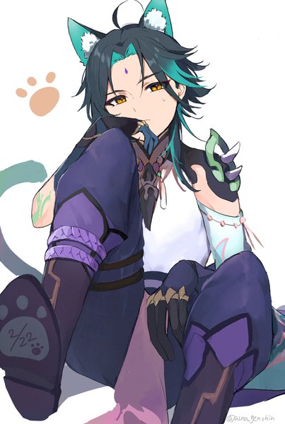 Anime picture 2212x3297 with genshin impact xiao (genshin impact) azna single tall image looking at viewer highres short hair black hair simple background white background sitting signed animal ears yellow eyes ahoge tail animal tail cat ears cat tail