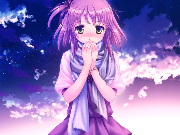 Anime picture 1200x900 with original touto seiro single looking at viewer blush short hair green eyes sky purple hair cloud (clouds) one side up cold girl ribbon (ribbons) hair ribbon bracelet scarf