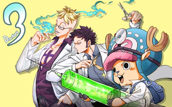 Anime picture 2906x1823 with one piece toei animation tony tony chopper trafalgar law marco (one piece) living (pixiv5031111) blush highres short hair open mouth black hair simple background blonde hair smile holding looking away upper body parted lips profile horn (horns)