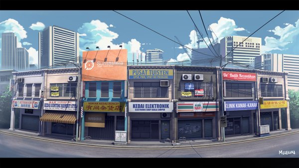 Anime picture 1280x720 with original mclelun wide image signed sky cloud (clouds) city cityscape window building (buildings) wire (wires) shop