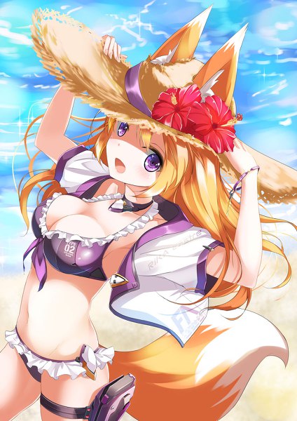 Anime picture 848x1200 with original rika eastre fatkewell single long hair tall image looking at viewer breasts open mouth light erotic blonde hair large breasts purple eyes holding animal ears sky tail nail polish :d animal tail