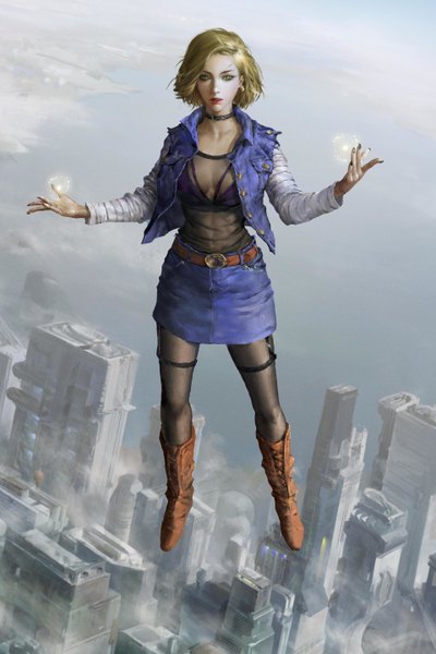 Anime picture 1920x2880 with dragon ball dragon ball z android 18 tong zhuo single tall image highres short hair breasts blonde hair green eyes cloud (clouds) nail polish parted lips from above realistic open jacket bare legs lipstick city