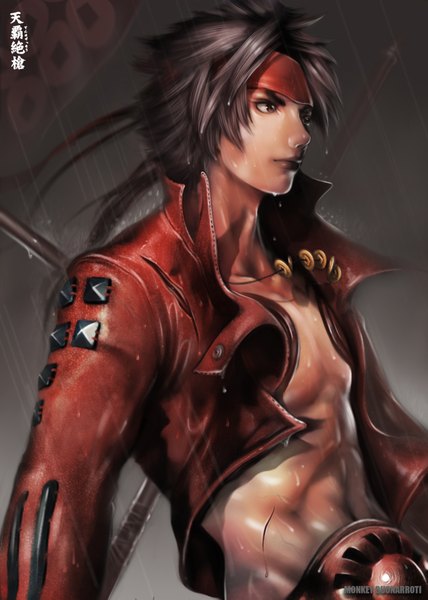 Anime picture 1338x1875 with sengoku basara production i.g sanada yukimura monkey (weibo) single long hair tall image simple background brown hair brown eyes signed ponytail grey background open clothes open jacket hieroglyph rain muscle boy navel