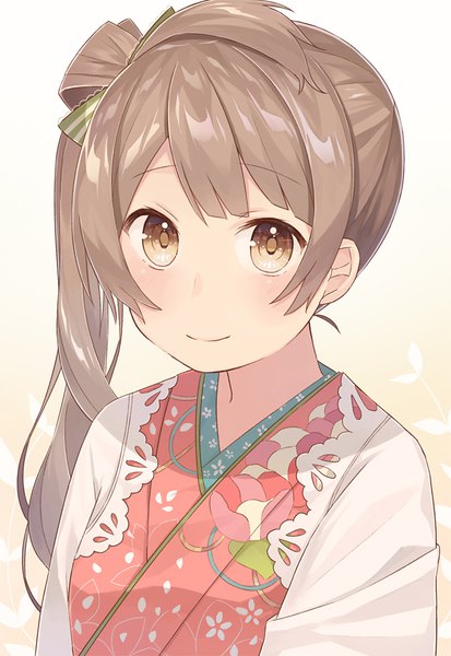 Anime picture 637x925 with love live! school idol project sunrise (studio) love live! minami kotori nagitoki single long hair tall image looking at viewer blush fringe simple background smile brown hair brown eyes upper body traditional clothes japanese clothes gradient background floral print