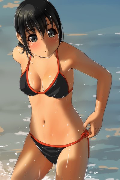 Anime picture 800x1200 with original matsunaga kouyou single long hair tall image blush fringe breasts light erotic black hair hair between eyes looking away black eyes wet beach adjusting swimsuit girl navel swimsuit bikini