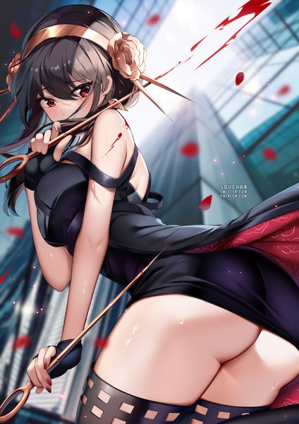 Anime picture 884x1250 with spy x family yor briar squchan single long hair tall image looking at viewer blush fringe breasts light erotic black hair hair between eyes red eyes large breasts holding signed payot ass nail polish