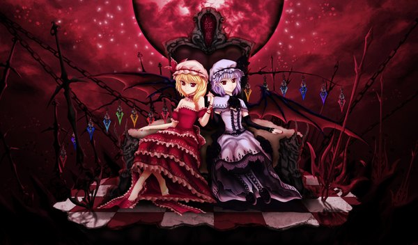 Anime picture 2000x1176 with touhou flandre scarlet remilia scarlet skyspace (artist) highres blonde hair red eyes wide image purple hair bat wings red moon girl dress hat wings