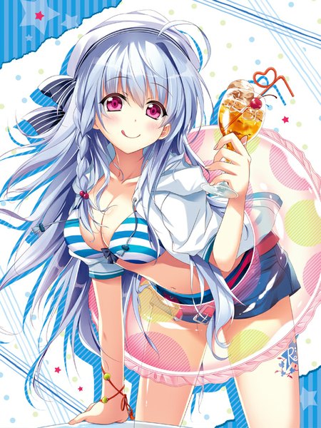 Anime picture 600x800 with original hirai yuzuki single long hair tall image blush fringe breasts light erotic smile large breasts standing holding silver hair braid (braids) pink eyes open clothes open jacket bare belly bare legs